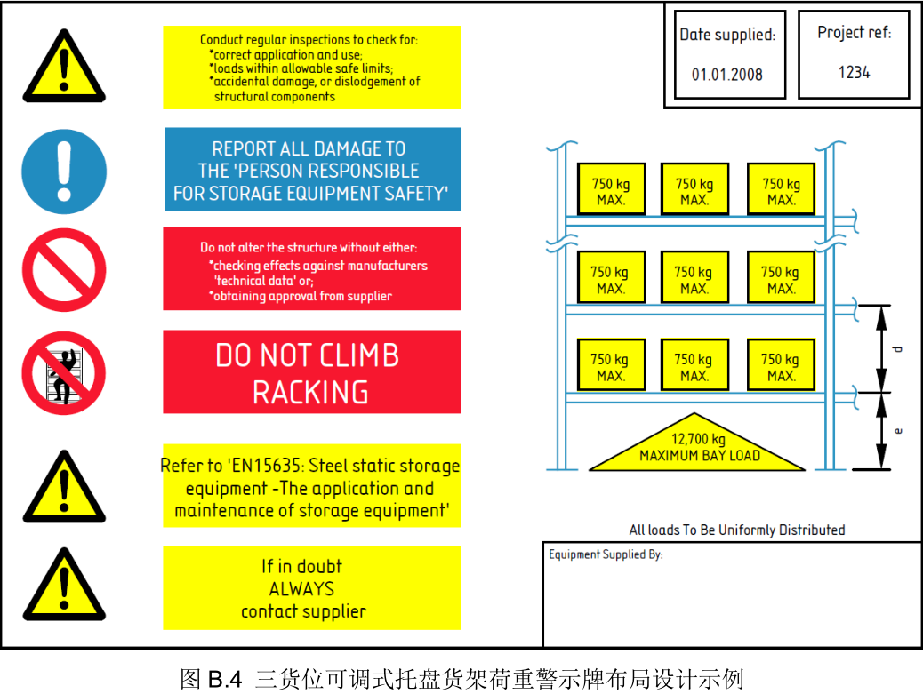 三貨位可調(diào)式托盤貨架荷重警示牌布局設(shè)計示列