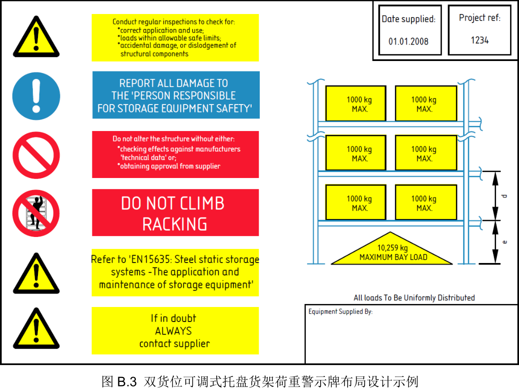 雙貨位可調(diào)式托盤貨架荷重警示牌布局設(shè)計示列